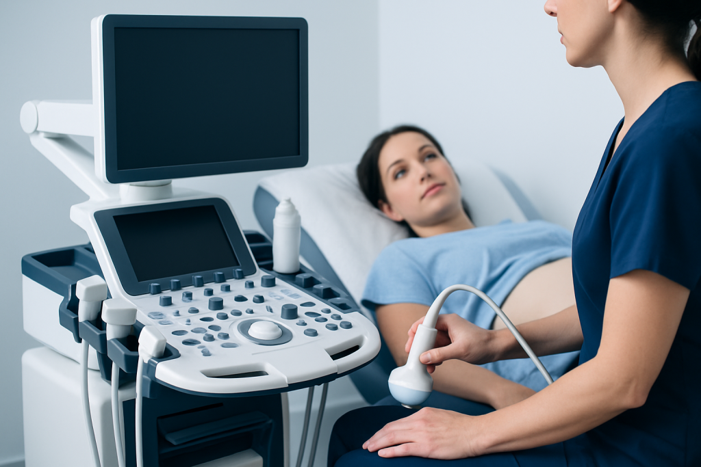 Medical professional performing an ultrasound on a patient in a hospital room.