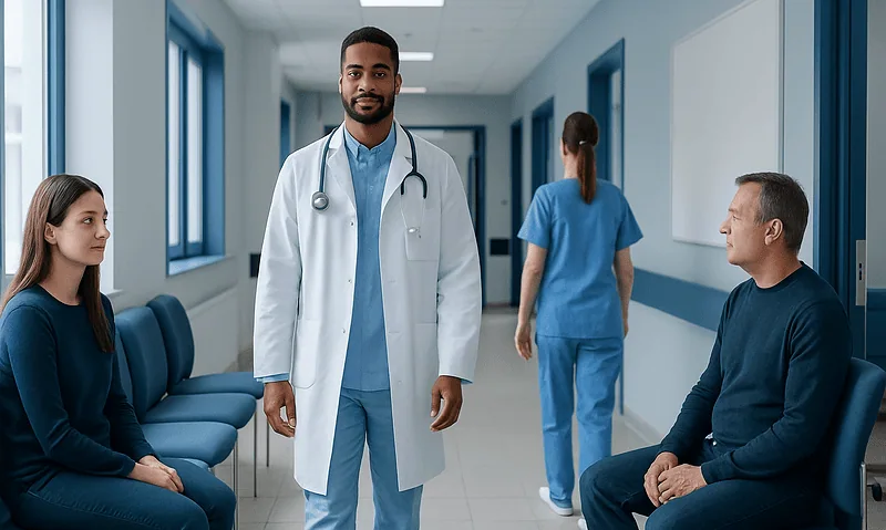 Medical professionals and patients in a hospital corridor at Acibadem Hospitals Group.