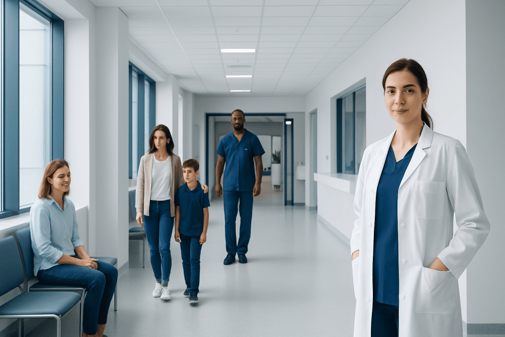 Feingold Diet for ADHD: Evidence and Considerations 1 Healthcare professionals and patients in a modern hospital corridor.