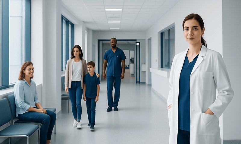 Healthcare professionals and patients in a modern hospital corridor.
