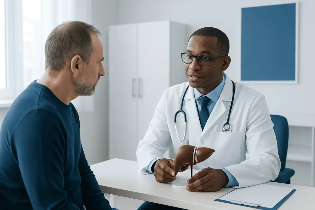 Doctor explaining liver health to patient in a medical consultation.