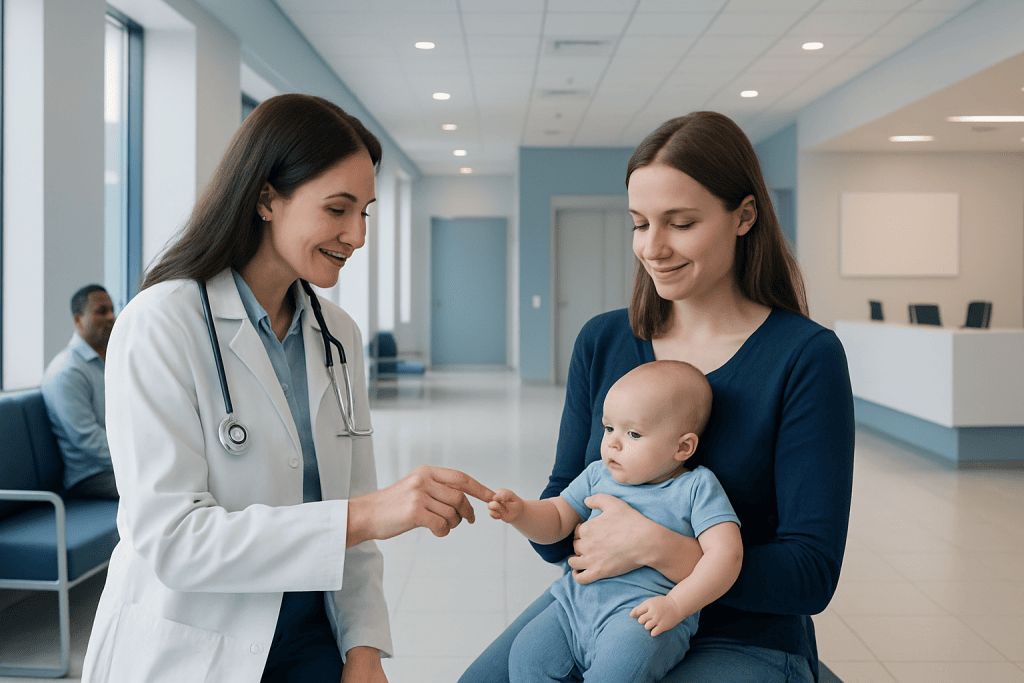 Grasp Reflex: A Complete Medical Overview 1 Pediatric consultation at Acibadem Hospital with doctor and mother with baby.