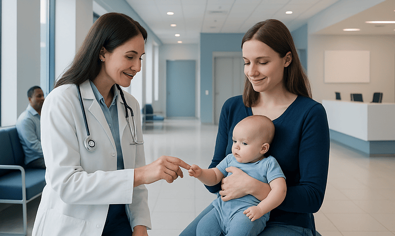 Pediatric consultation at Acibadem Hospital with doctor and mother with baby.