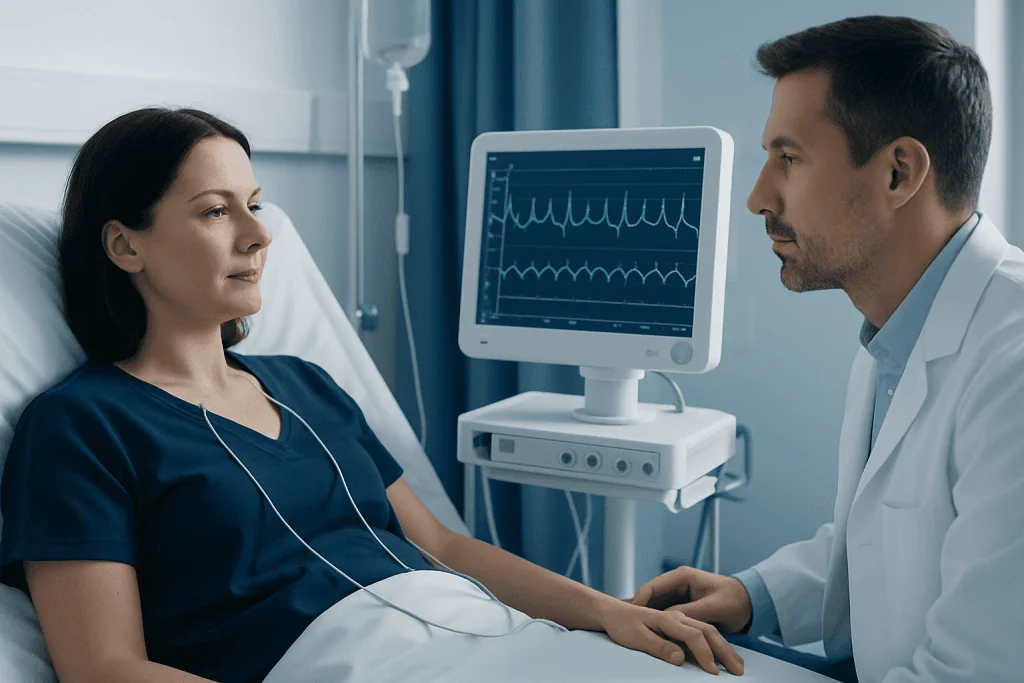 Doctor consulting with patient in hospital room with ECG monitor.