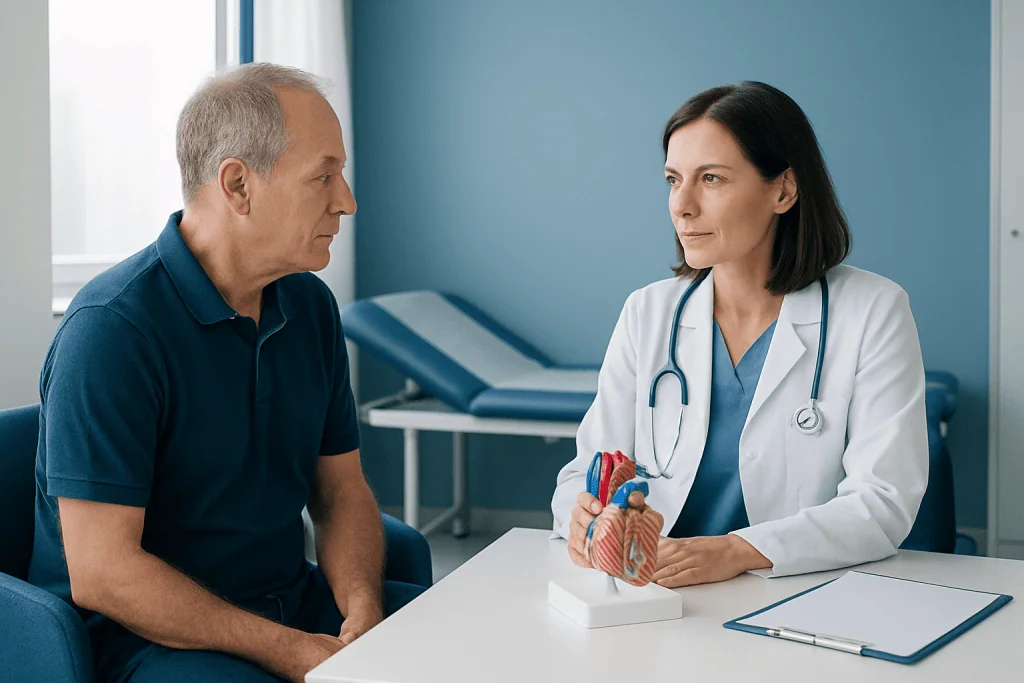 Doctor explaining heart health to senior male patient in clinic.