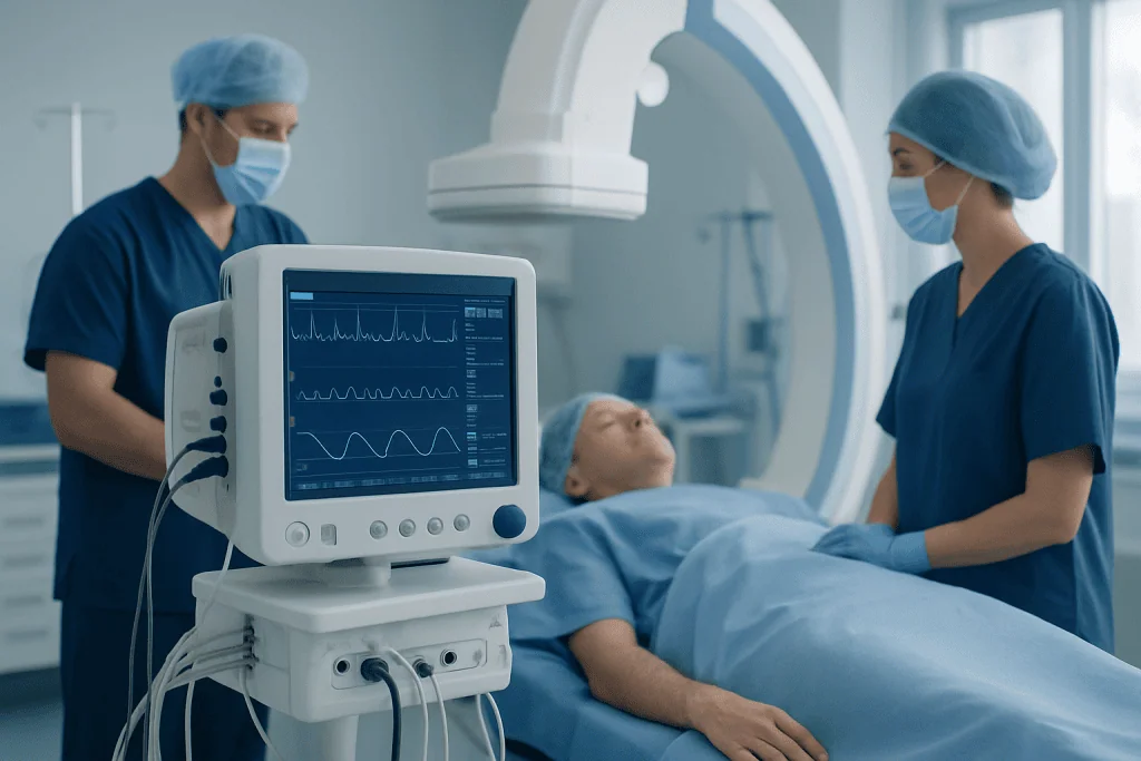 Medical team monitoring patient during cardiac procedure at Acibadem Hospital.