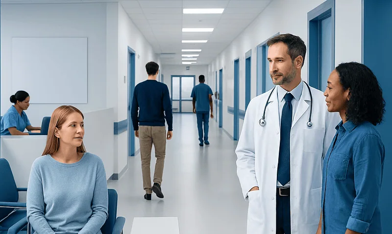 Doctor talking to a patient in a hospital corridor with other staff in the background.
