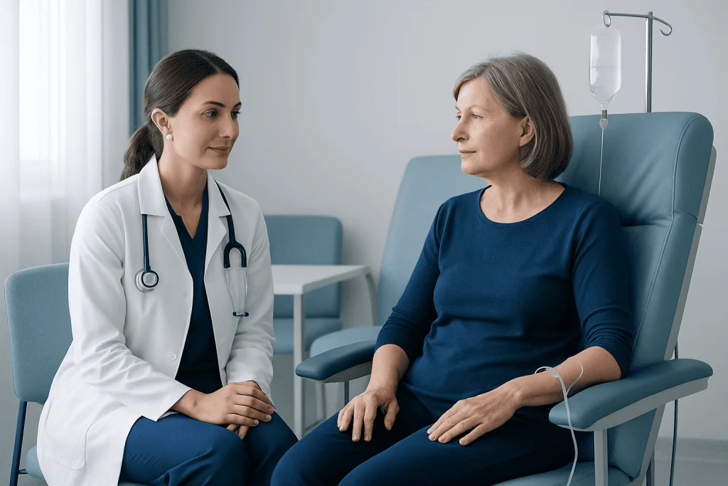 Doctor consulting with a patient in a hospital room.