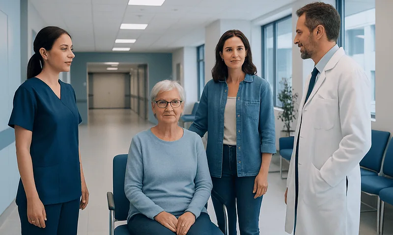Medical team consulting with elderly patient in hospital corridor.