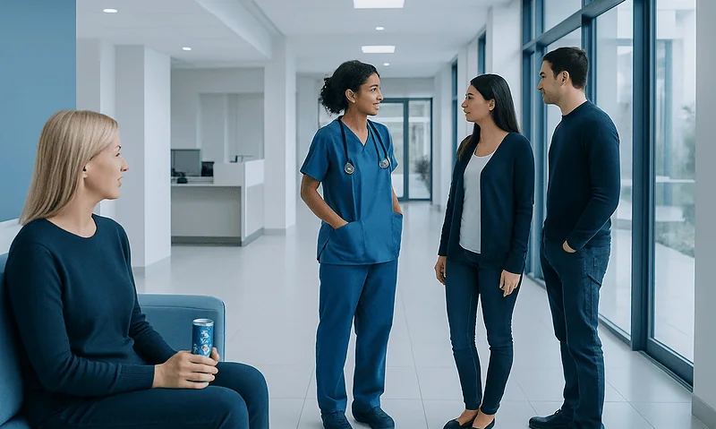Healthcare professionals and patient in hospital corridor.