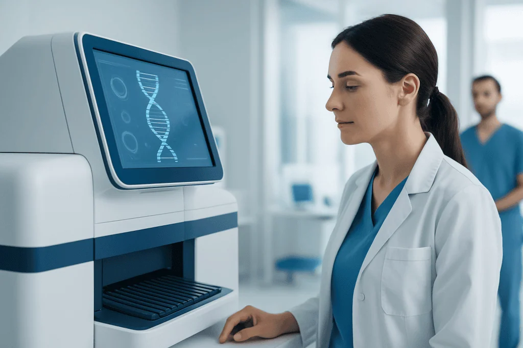 Medical professional analyzing DNA data on a high-tech screen at Acibadem Hospitals.
