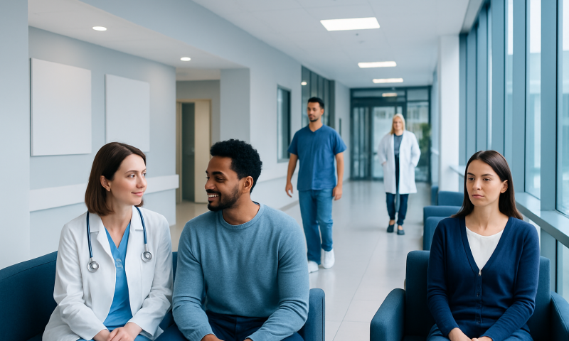 Patients waiting in a hospital corridor with medical staff and visitors.