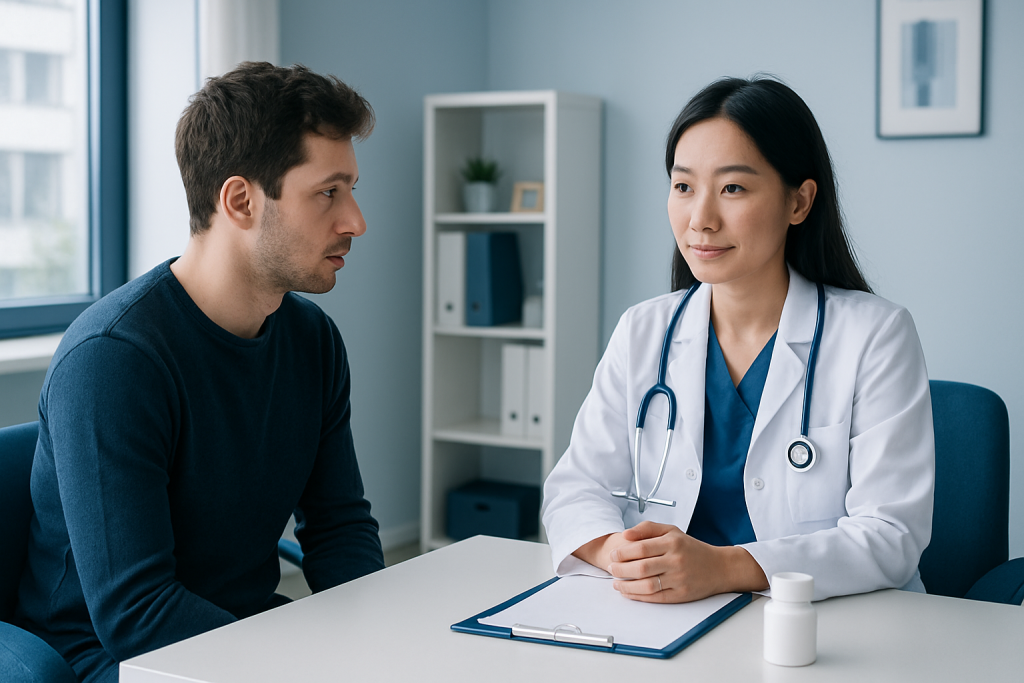 Doctor consulting with a male patient in a modern clinic setting.