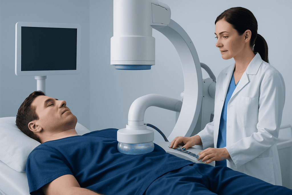 Medical professional performing lithotripsy on patient in hospital setting.