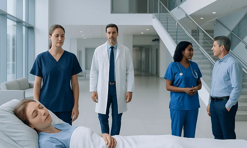 Medical team attending to a patient in a hospital corridor.