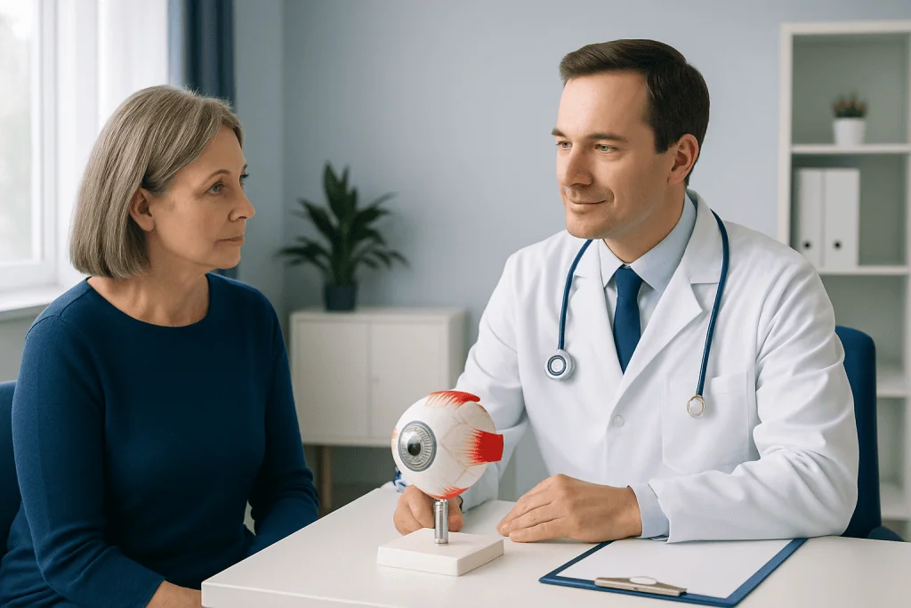 Oculoplastic specialist explains eye anatomy to a patient in a clinic setting.