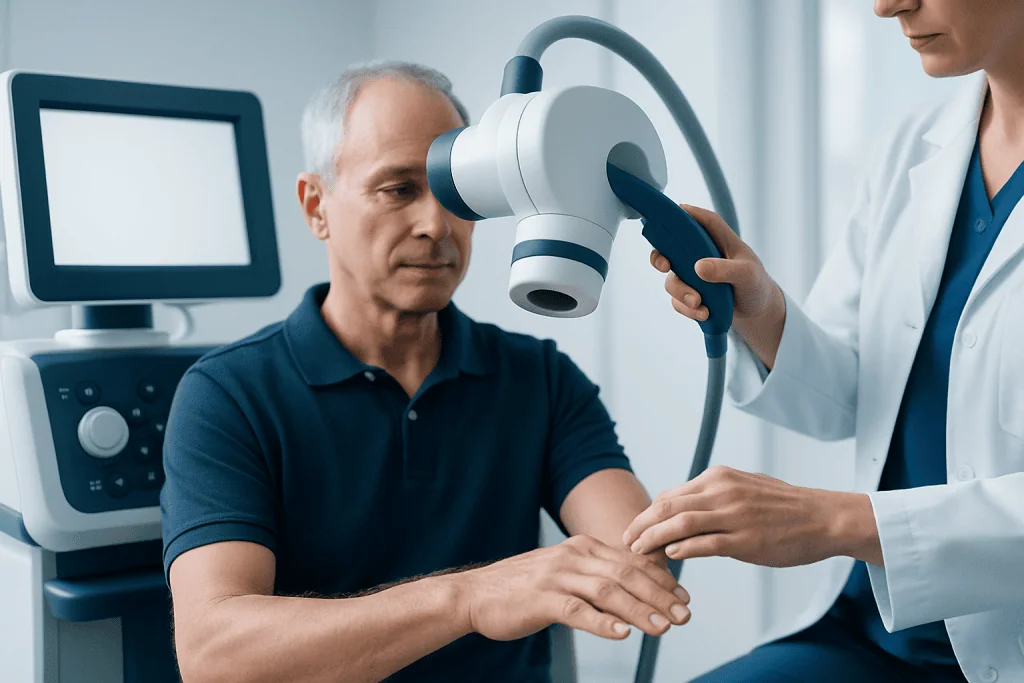 Doctor performing a neurological exam on a patient with advanced medical equipment.
