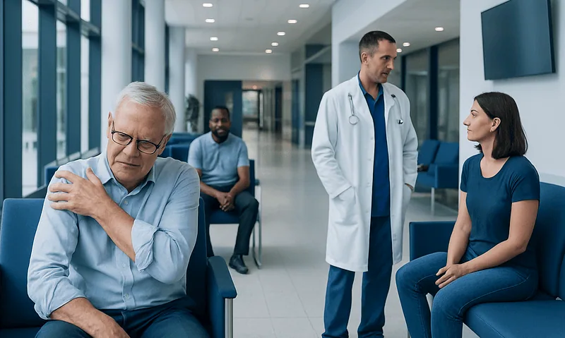 Patients waiting in a hospital corridor with a doctor consulting a woman.