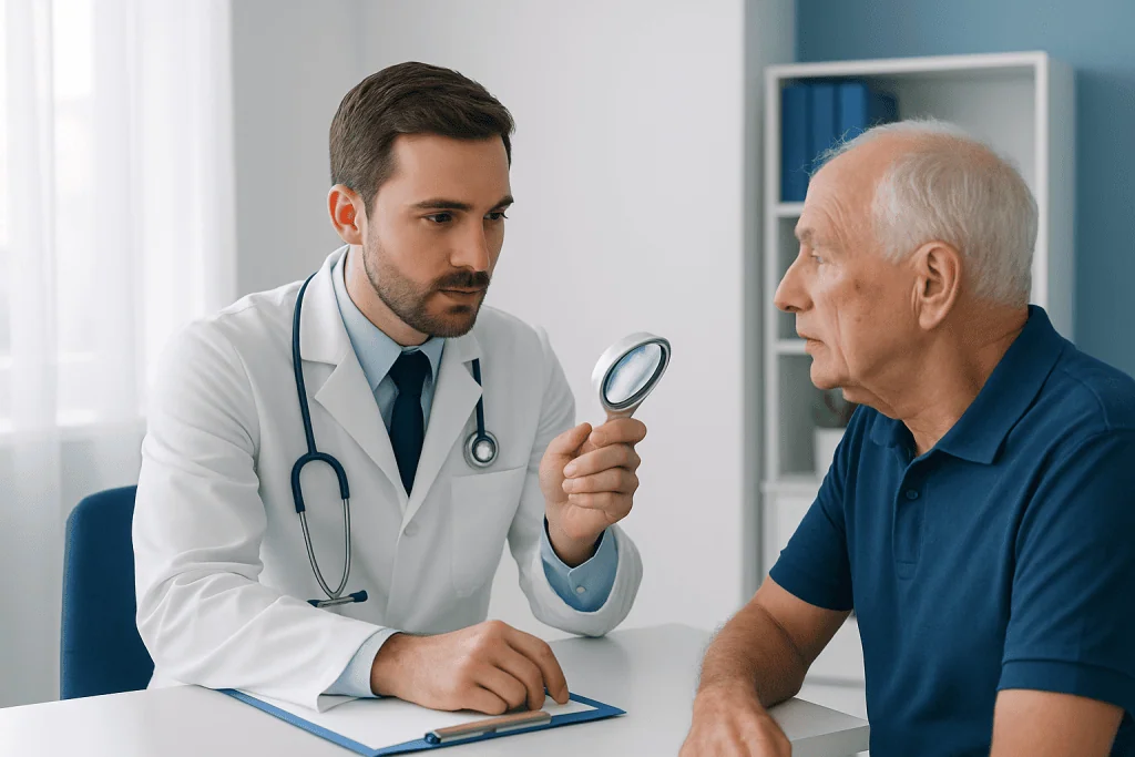 Doctor examining elderly patient with magnifying glass in clinic.