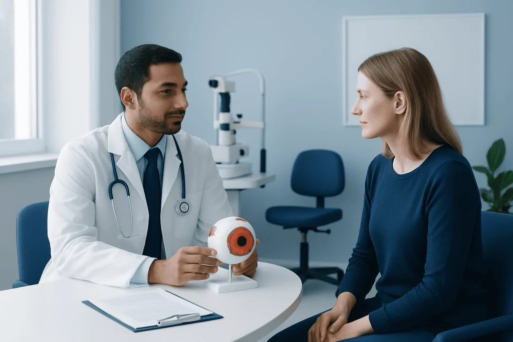 Ophthalmologist explaining eye health to a patient in a clinic setting.