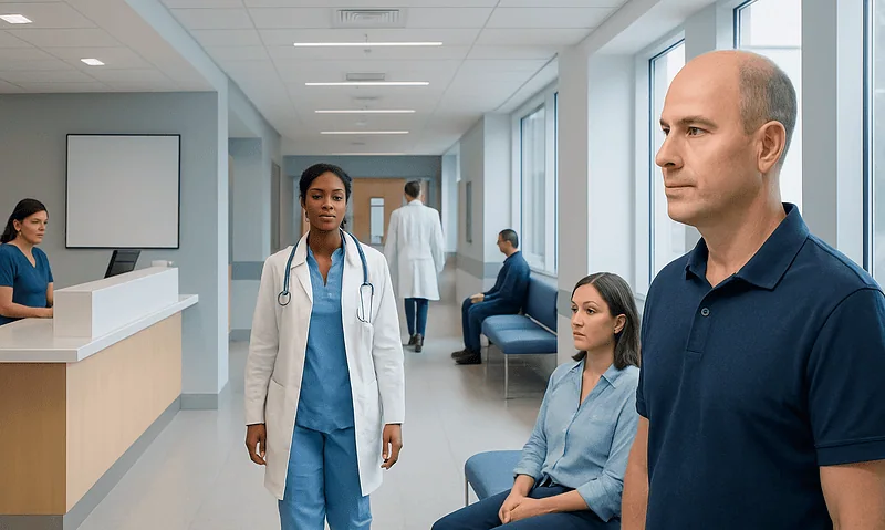 Medical staff and patients in a modern hospital corridor.