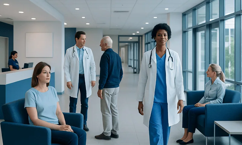 Medical professionals and patients in a modern hospital waiting area.