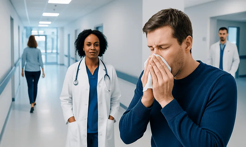 Man sneezing in hospital corridor with medical staff nearby.