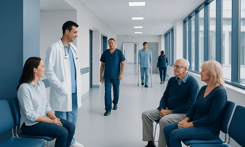 Healthcare professionals consulting with elderly patients in hospital corridor.