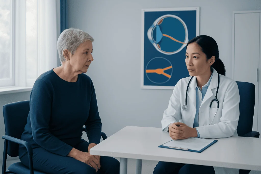 Doctor consulting with an elderly woman in a medical office.