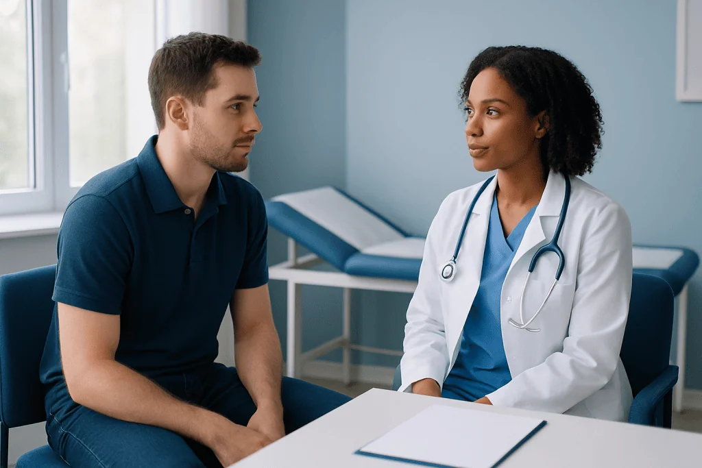 Doctor consulting with male patient in a medical examination room.