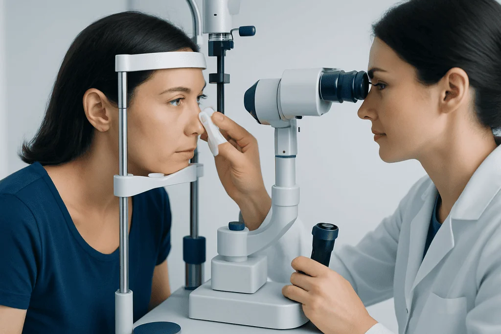 Optometrist examines patient's eye using slit lamp in clinic.