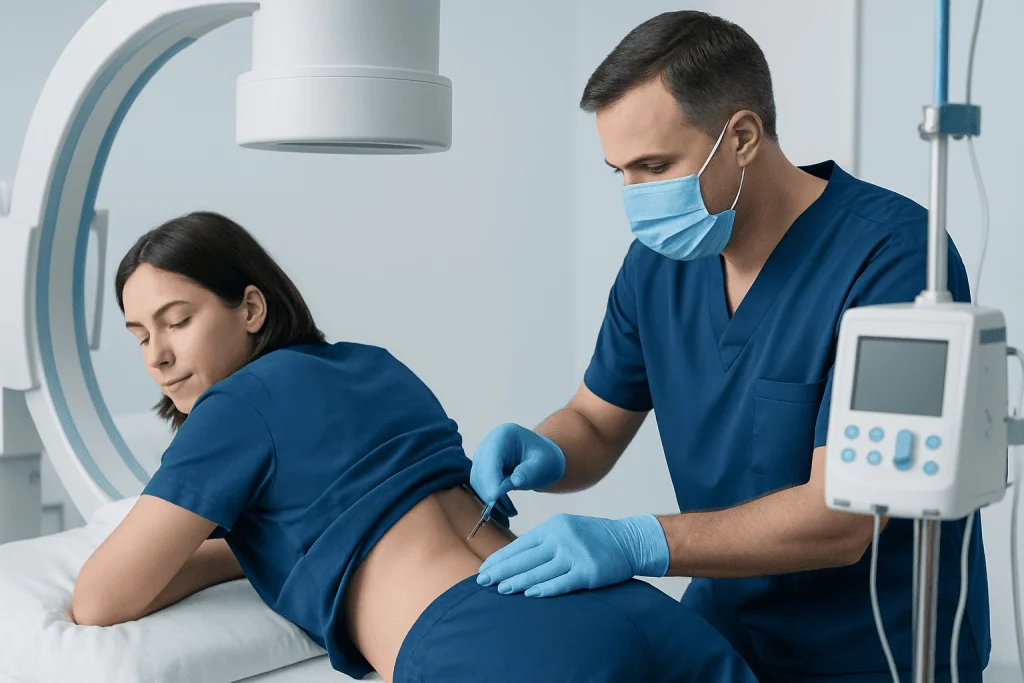 Medical professional administering intrathecal injection to patient in hospital.