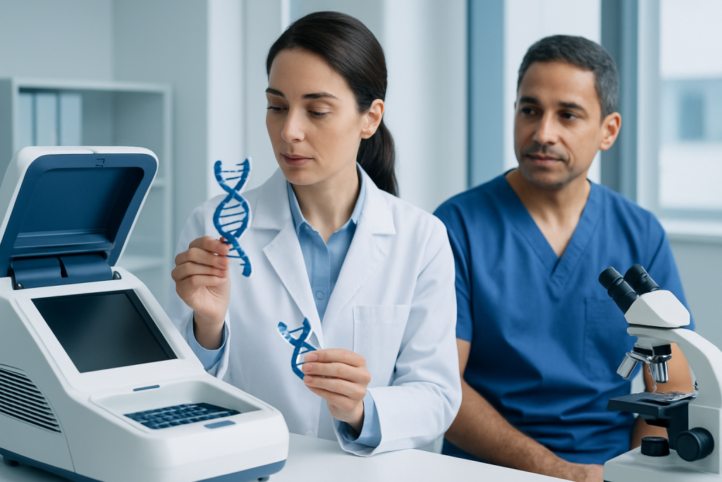Scientists analyzing DNA samples in a laboratory setting.