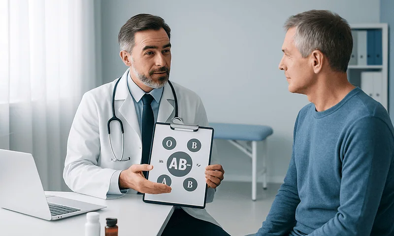 Doctor explaining blood types to a patient in a medical consultation.