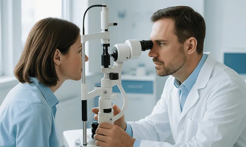 Optometrist examines patient's eyes with slit lamp in clinic.