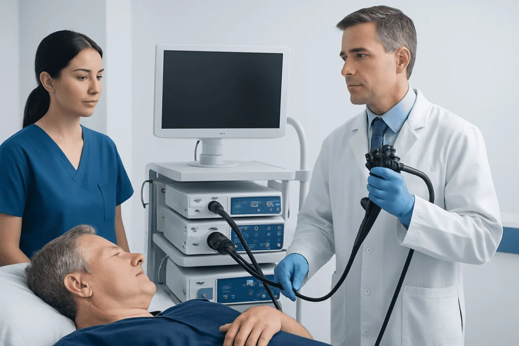 Doctor performing colonoscopy on patient in hospital setting.