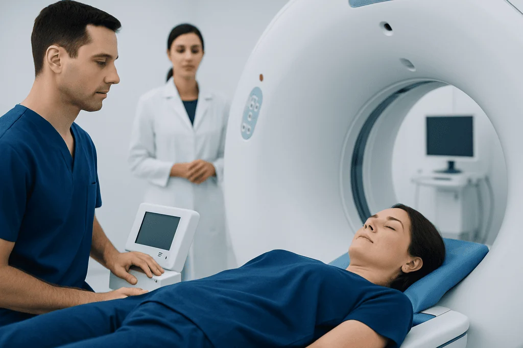 Medical professionals preparing for a CT scan of a female patient in a hospital setting.