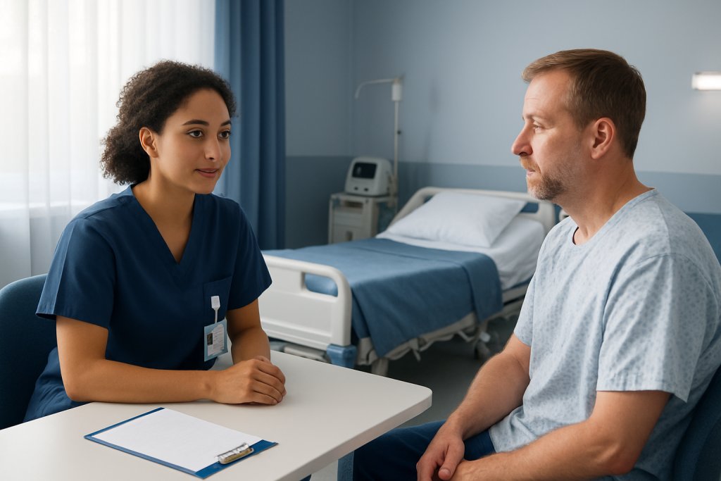 Nurse consulting with patient in hospital recovery room.