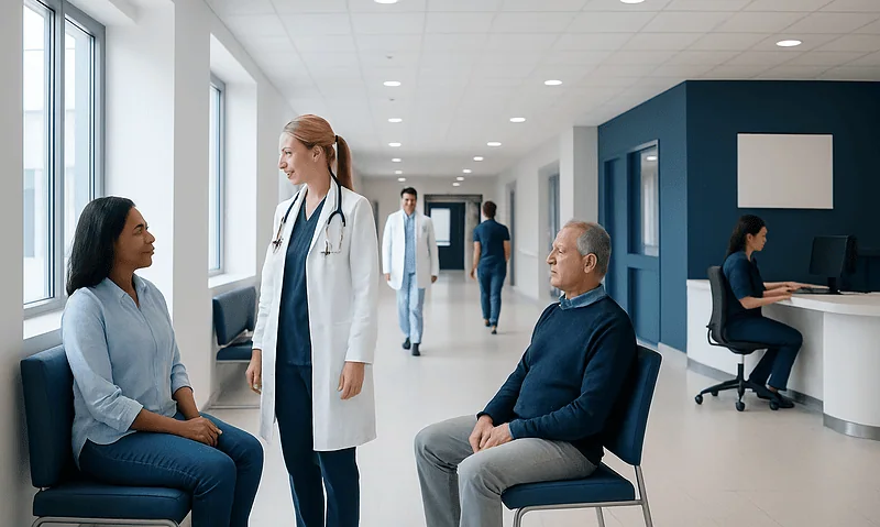 Healthcare professionals consulting with a patient in a modern hospital corridor.