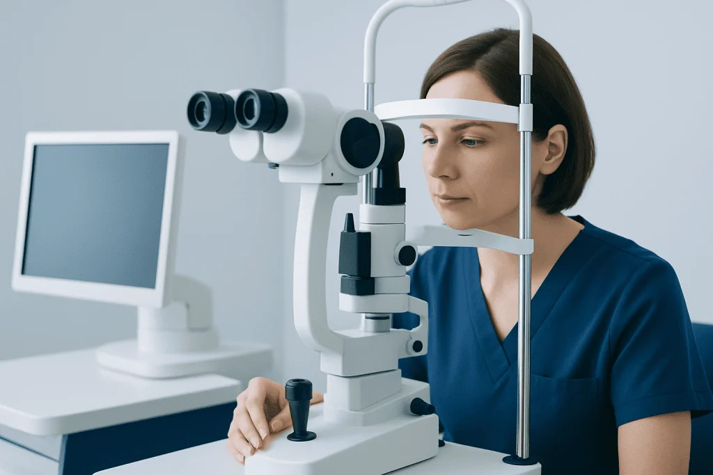 Optometrist using slit lamp for eye examination at Acibadem Hospital.