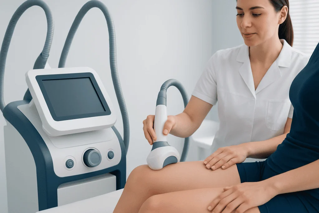 Medical professional performing cellulite treatment with advanced equipment.