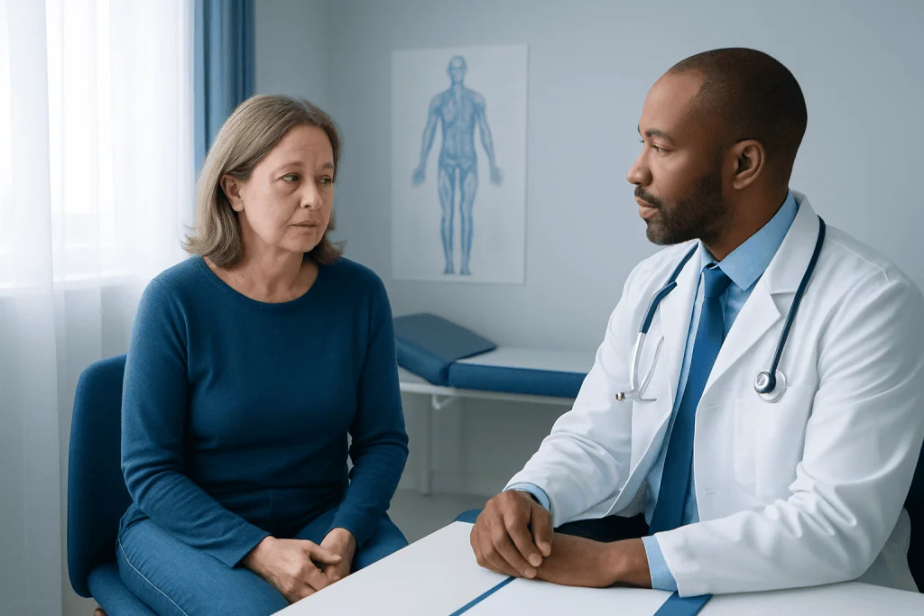 Doctor consulting with a female patient in a medical office setting.