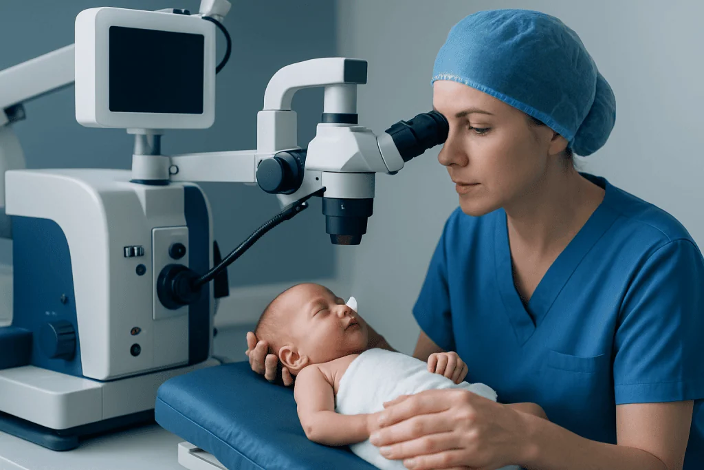 Pediatric ophthalmologist examining a baby with a microscope.