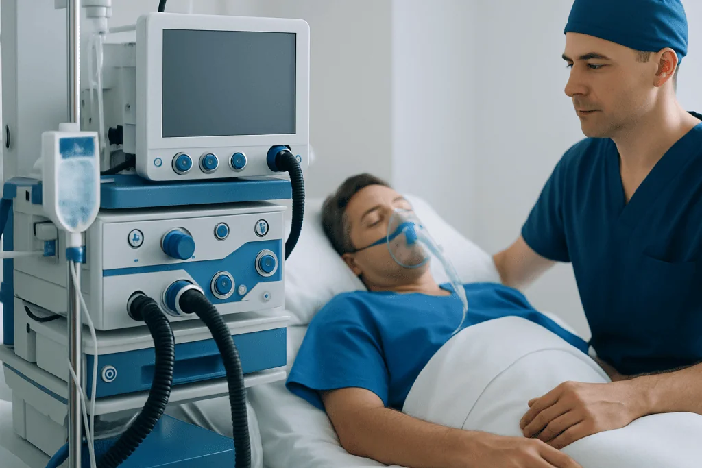 Patient in hospital bed connected to ventilator and monitoring equipment.