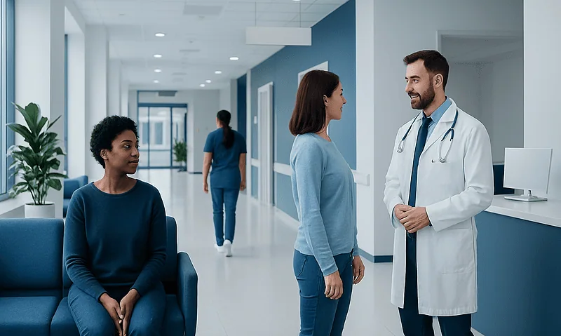 Doctor consulting with two female patients in hospital corridor.