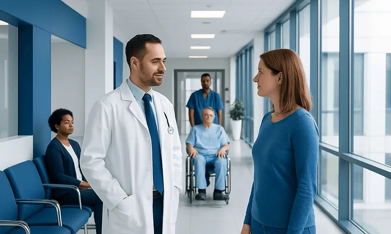 Doctor talking to a patient in a hospital corridor with other patients nearby.