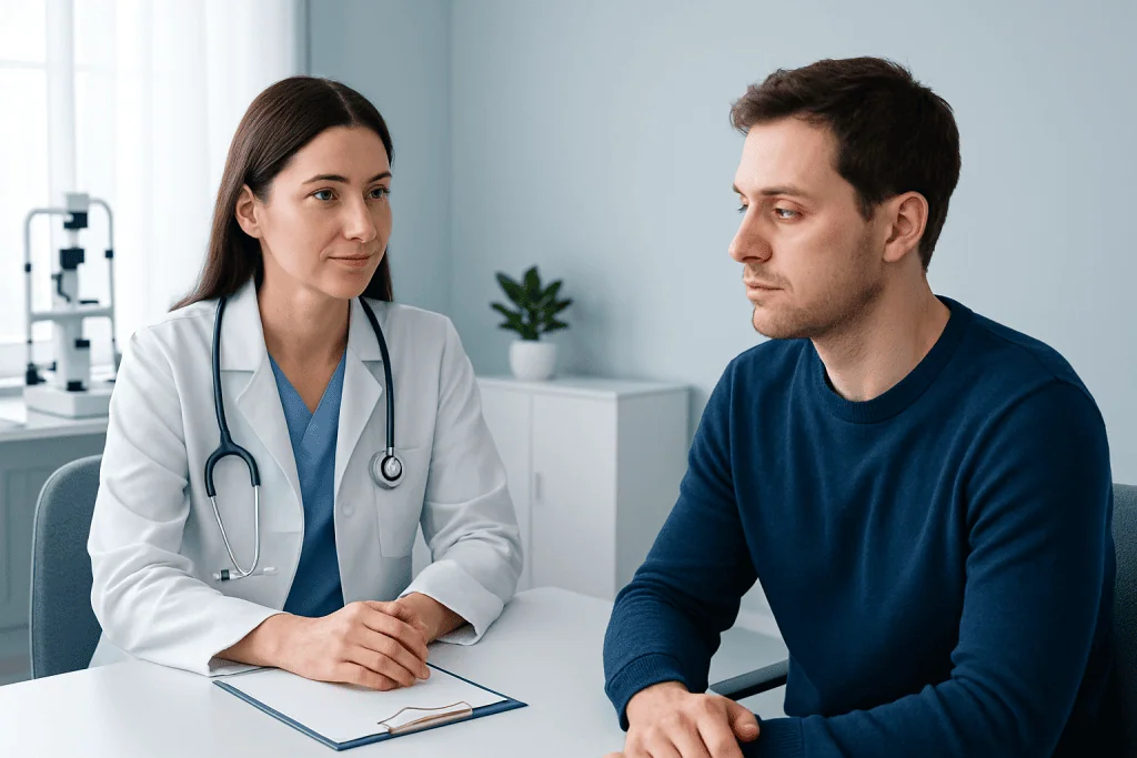 Ophthalmologist consulting a patient about eye health in a clinic setting.