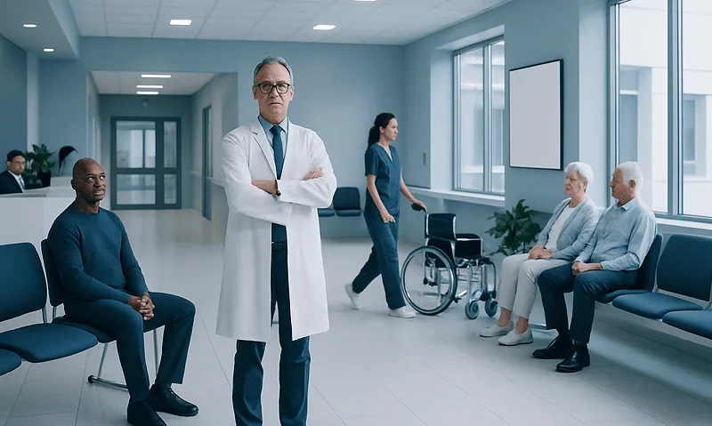 Medical professionals and patients in a modern hospital corridor.