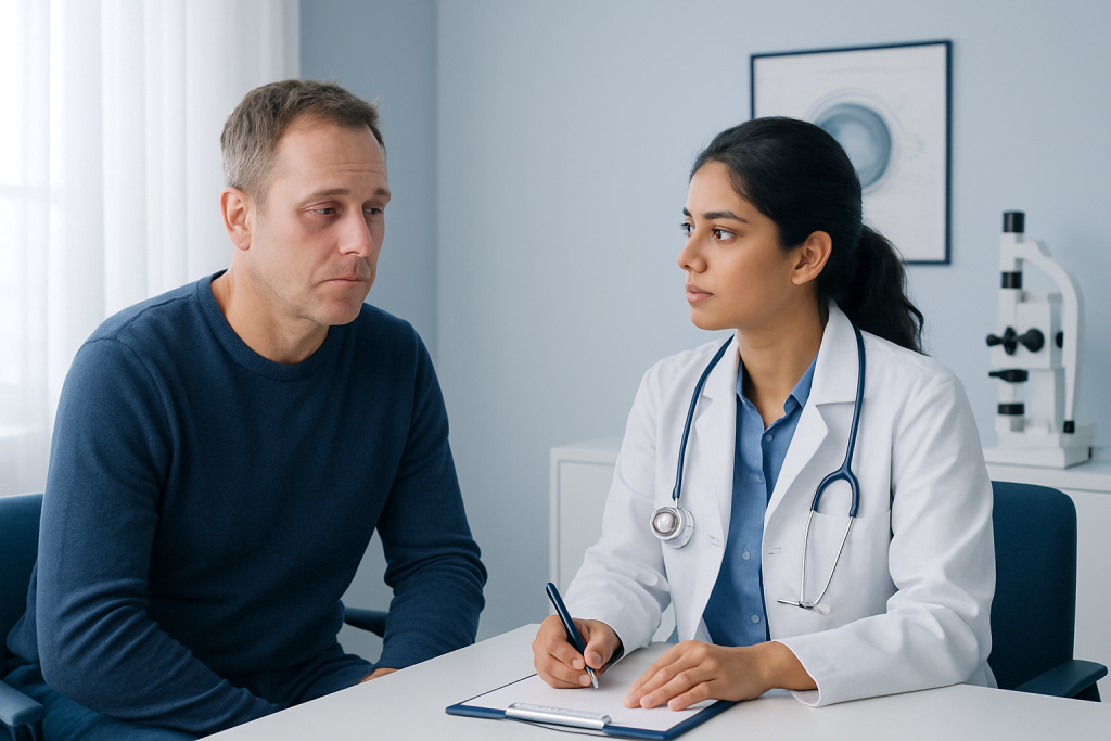 Doctor consulting with a male patient about eye health in a clinic setting.