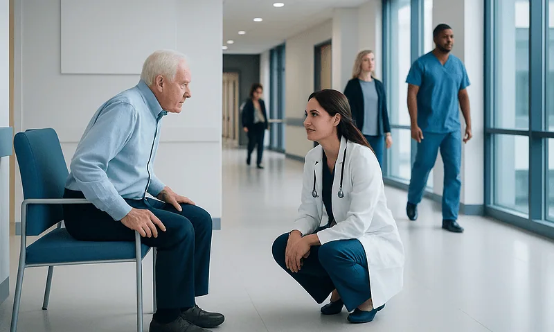 Senior patient consulting with a doctor in hospital corridor.